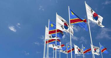 DR Congo and South Korea Flags Waving Together in the Sky, Seamless Loop in Wind, Space on Left Side for Design or Information, 3D Rendering video