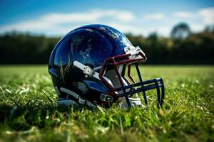 ai generado americano fútbol americano casco en el campo con borroso estadio antecedentes ai generado foto