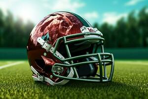 AI generated American football helmet on the field with blurred stadium background AI Generated photo