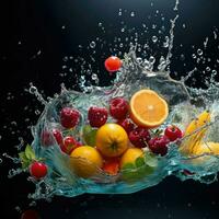 AI generated Fresh fruit splashing into clear water, Fresh fruits into clear water splash background Ai generated photo