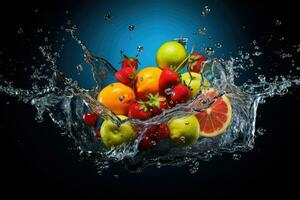 AI generated Fresh fruit splashing into clear water, Fresh fruits into clear water splash background Ai generated photo