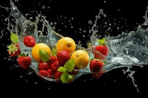 AI generated Fresh fruit splashing into clear water, Fresh fruits into clear water splash background Ai generated photo