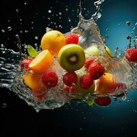 AI generated Fresh fruit splashing into clear water, Fresh fruits into clear water splash background Ai generated photo