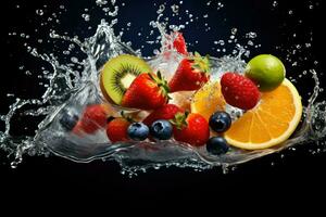 AI generated Fresh fruit splashing into clear water, Fresh fruits into clear water splash background Ai generated photo