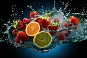 AI generated Fresh fruit splashing into clear water, Fresh fruits into clear water splash background Ai generated photo