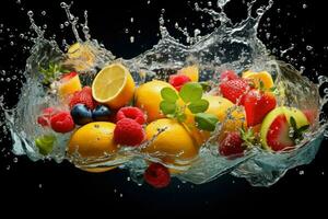 AI generated Fresh fruit splashing into clear water, Fresh fruits into clear water splash background Ai generated photo