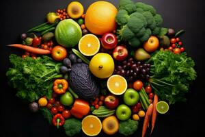 AI generated Top view of different organic fresh fruits and vegetables Ai generated photo