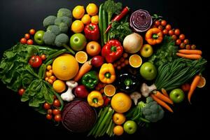 AI generated Top view of different organic fresh fruits and vegetables Ai generated photo