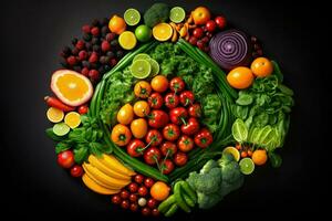 AI generated Top view of different organic fresh fruits and vegetables Ai generated photo