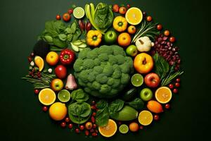 AI generated Top view of different organic fresh fruits and vegetables Ai generated photo