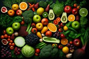 AI generated Top view of different organic fresh fruits and vegetables Ai generated photo