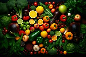 AI generated Top view of different organic fresh fruits and vegetables Ai generated photo