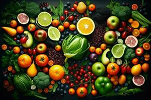 AI generated Top view of different organic fresh fruits and vegetables Ai generated photo