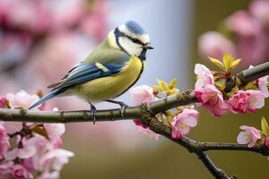 ai generado un bluetit pájaro descansando en el rama de un árbol. ai generado. foto