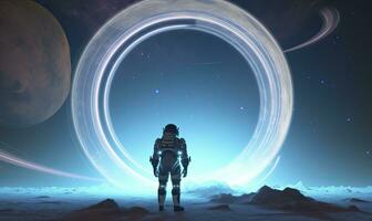 AI generated Astronaut in front of dimensional portal.  AI Generated. photo