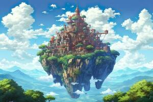 AI generated Ancient Heavenly Floating island in the sky with a castle, vibrant, fantasypunk, AI Generative photo