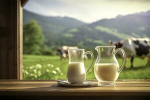 AI generated Glass pitcher with fresh milk on a wooden table. AI Generated photo