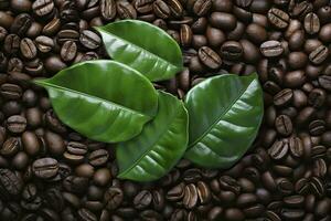 AI generated Green leaves with coffee beans as background. AI Generated photo