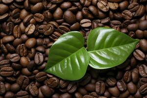 AI generated Green leaves with coffee beans as background. AI Generated photo