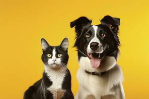 ai generado gato y perro juntos con contento expresiones en amarillo antecedentes. ai generado foto