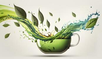 AI generated Green herbal tea wave splash with leaves flow. AI Generated photo