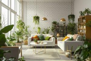 AI generated Interior of living room with sofas, tables, and houseplants. AI Generated photo