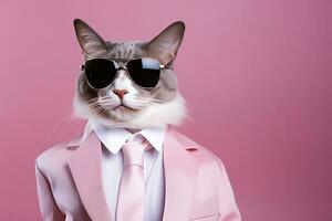 ai generado un gato es vistiendo Gafas de sol y traje en rosado antecedentes. ai generado foto