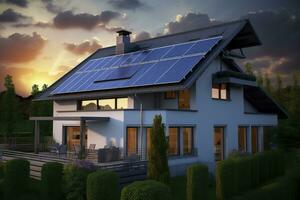 AI generated Modern house with blue solar panels on the roof. End of the day, sunset. AI Generated photo