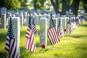 AI generated Military Headstones and Gravestones Decorated With Flags for Memorial Day.  AI Generated photo