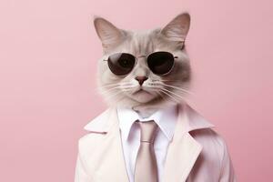 AI generated A cat is wearing sunglasses and suit on Pink Background. AI Generated photo