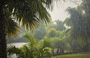 ai generado lluvia en el zona tropical durante el bajo temporada o monzón estación. gotas de lluvia en un jardín. generativo ai foto