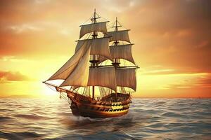 ai generado pirata Embarcacion navegación en el Oceano a puesta de sol. Clásico crucero. ai generado foto