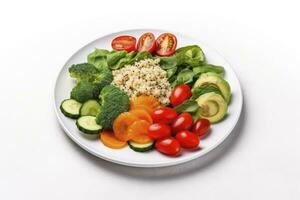 AI generated Salad with quinoa, spinach, broccoli, tomatoes, cucumbers and carrots. AI Generated photo