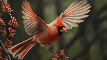 AI generated Northern Cardinal coming in for a landing. Generative AI photo