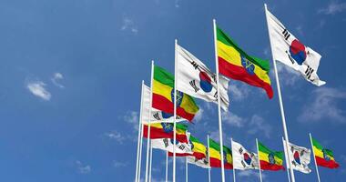 Ethiopia and South Korea Flags Waving Together in the Sky, Seamless Loop in Wind, Space on Left Side for Design or Information, 3D Rendering video