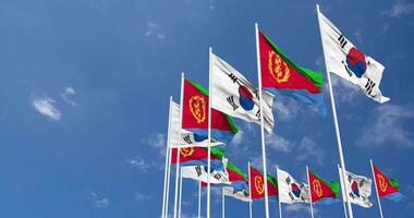 Eritrea and South Korea Flags Waving Together in the Sky, Seamless Loop in Wind, Space on Left Side for Design or Information, 3D Rendering video