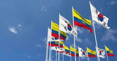 Ecuador and South Korea Flags Waving Together in the Sky, Seamless Loop in Wind, Space on Left Side for Design or Information, 3D Rendering video