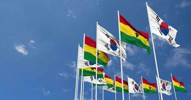 Ghana and South Korea Flags Waving Together in the Sky, Seamless Loop in Wind, Space on Left Side for Design or Information, 3D Rendering video