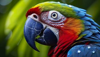 AI generated Tropical macaw perched, vibrant feathers in focus. Generative AI photo