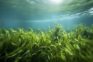 AI generated Underwater view of a group of seabed with green seagrass. AI Generated photo