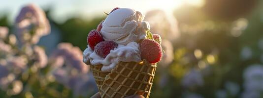 AI generated Banner with ice cream in a waffle cone on a summer day. Generative AI photo