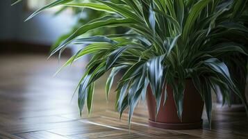 AI generated A close up of dracaena green leaf in a beige pot on a marble floor photo