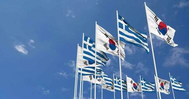 Greece and South Korea Flags Waving Together in the Sky, Seamless Loop in Wind, Space on Left Side for Design or Information, 3D Rendering video