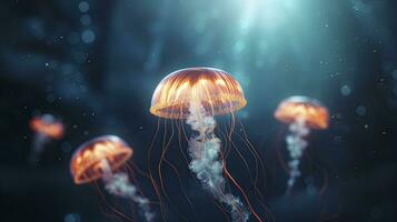 AI generated Beautiful color of jellyfish in underwater in the dark blue ocean water photo