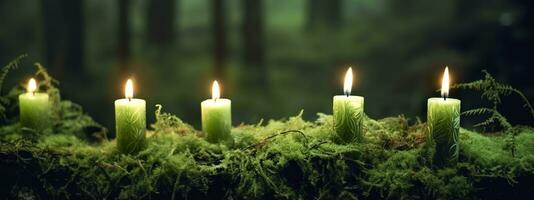 AI generated Burning candles on moss, dark green blurred the natural background. Magic candle. Generative AI photo