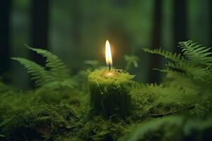 AI generated Burning candle on moss, dark green blurred the natural background. Magic candle. Generative AI photo