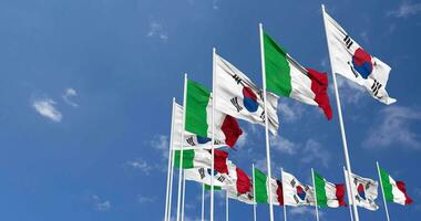 Italy and South Korea Flags Waving Together in the Sky, Seamless Loop in Wind, Space on Left Side for Design or Information, 3D Rendering video