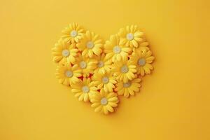 AI generated Yellow Heart Shaped By Yellow Daisies Over Yellow Background. AI Generated photo