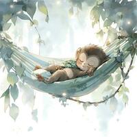 AI generated A sleepy baby monkey in a hammock. watercolor illustration. AI Generated photo