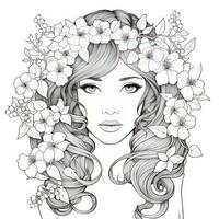 AI generated A girl on a coloring book page with Jasmine flowers. AI Generated photo